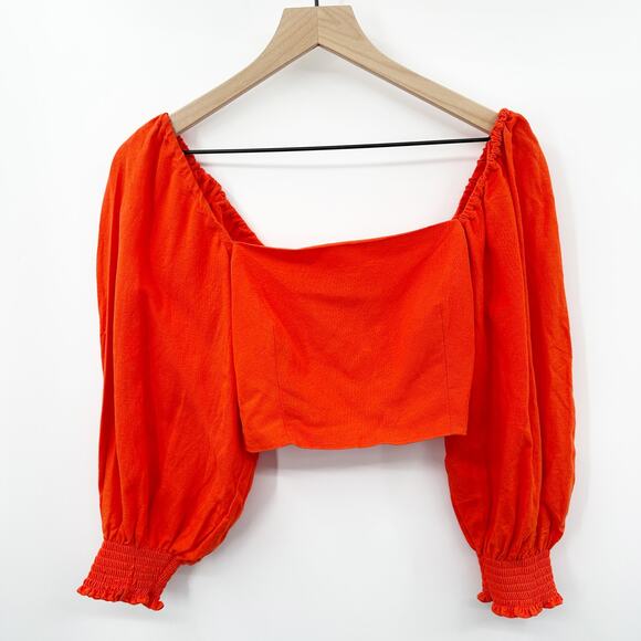 O.P.T Off The Shoulder Puff Sleeve Viscose Flax Crop Top in Orange Size M NEW - Picture 1 of 8